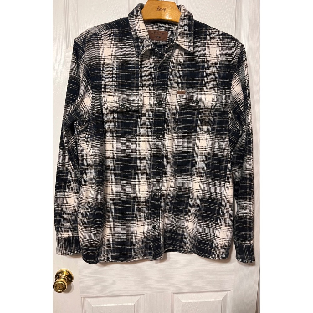 Orvis Mens Black Cream Plaid Flannel Button‎ Down Shirt Jacket Cotton XXL